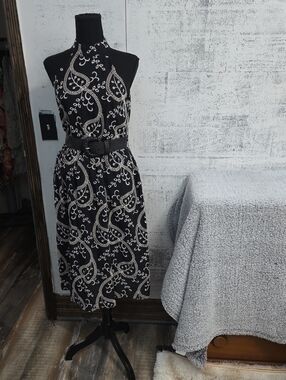 Black Halter Midi Dress with White/Cream Paisley Print and Waist Belt